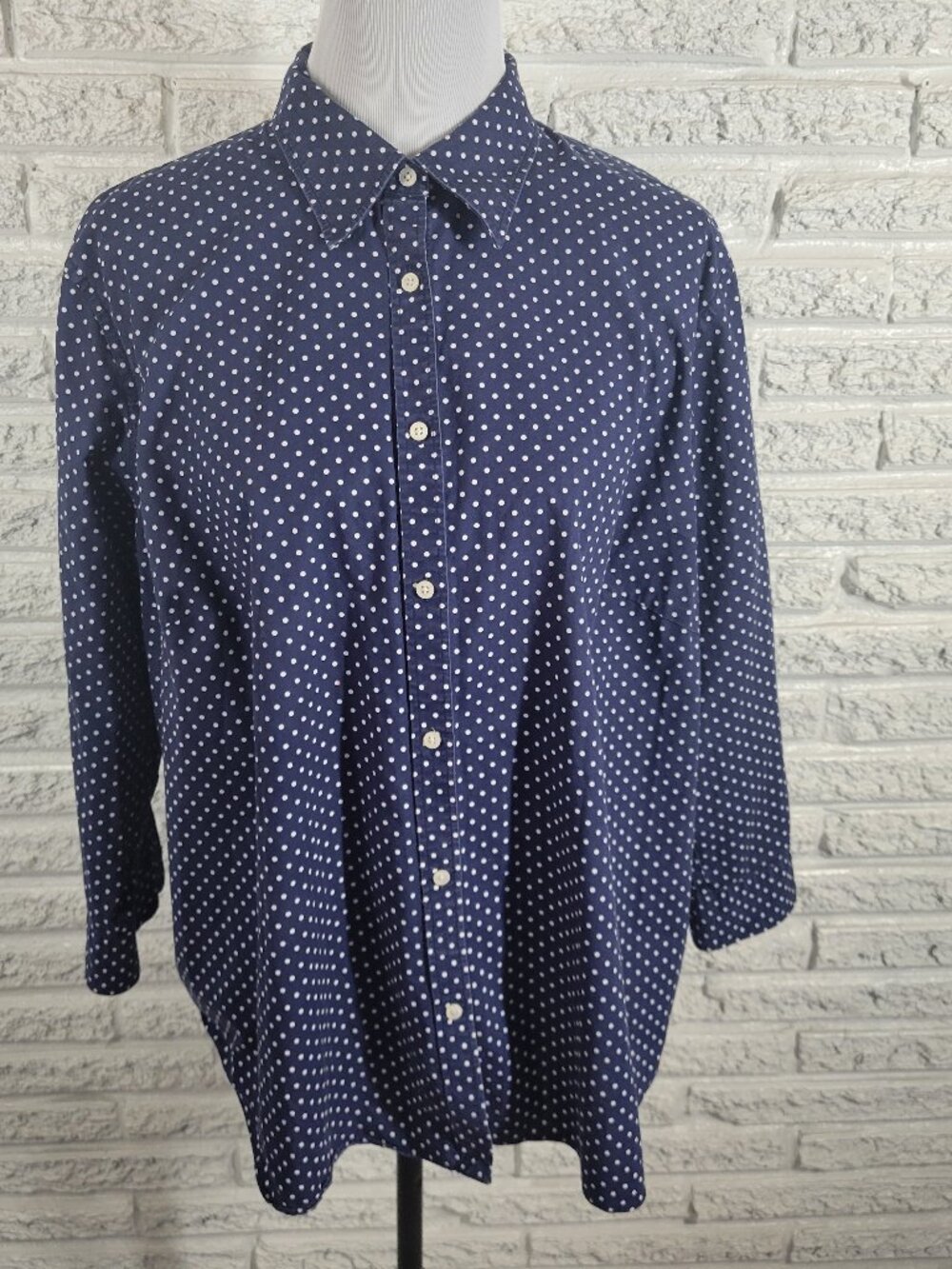 Lauren Ralph Lauren 2X Top Blue White Polka Dot Cotton Non Iron Button GEO28E